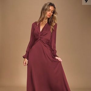 Lulus Burgundy Long Sleeve Twist Front Maxi Dress
